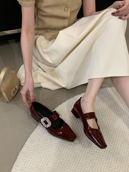 Mary Rhinestone Low Jane Buckle Pumps Heel