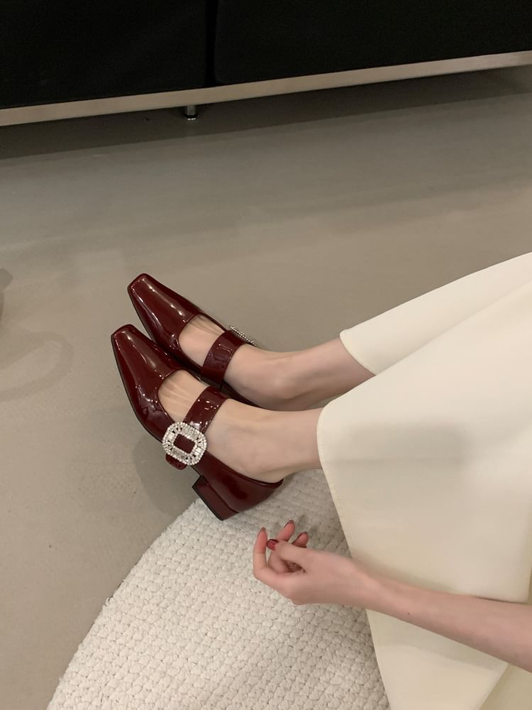 Mary Rhinestone Low Jane Buckle Pumps Heel