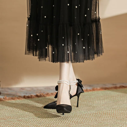 Stiletto Sandals Faux Pearl Heel Bow Strap