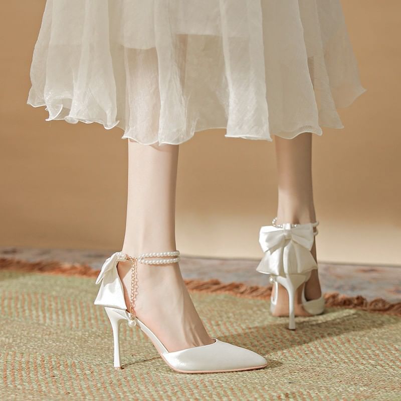 Stiletto Sandals Faux Pearl Heel Bow Strap