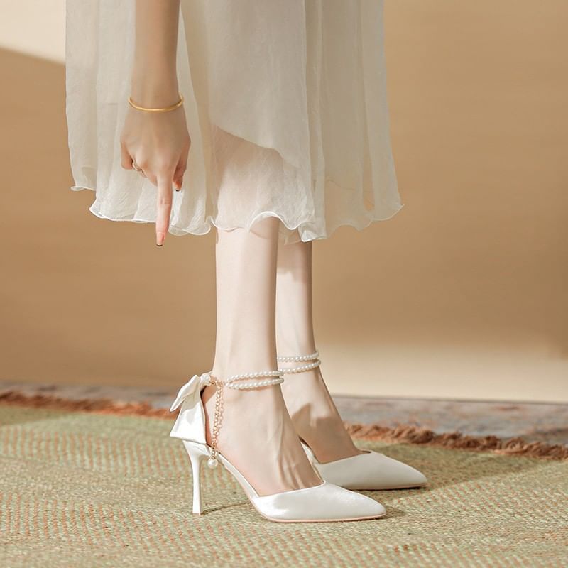 Stiletto Sandals Faux Pearl Heel Bow Strap