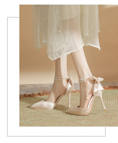 Stiletto Sandals Faux Pearl Heel Bow Strap