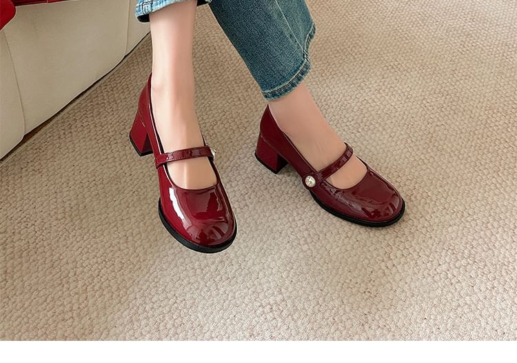 Round Jane Mary Block Toe Heel Pumps