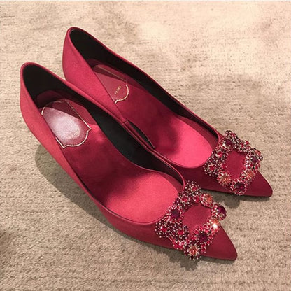 Pointed Heel Kitten Rhinestone Pumps