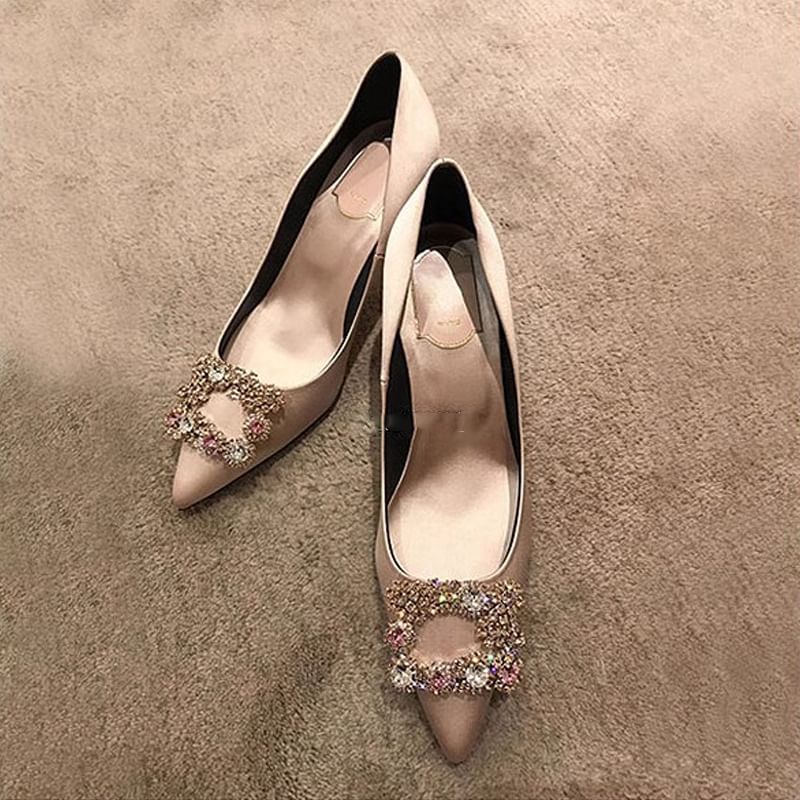 Pointed Heel Kitten Rhinestone Pumps