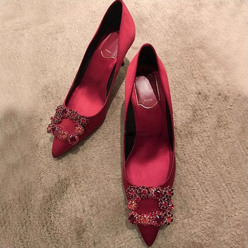 Pointed Heel Kitten Rhinestone Pumps