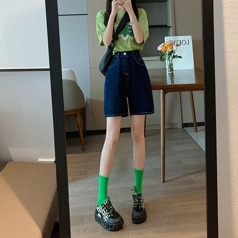 Plain Waist High Shorts Denim