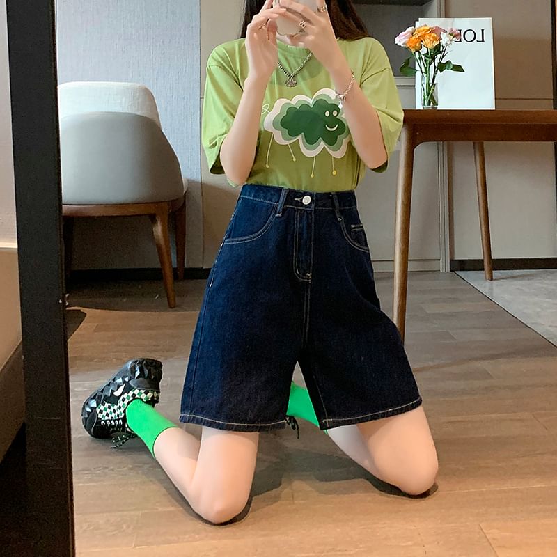 Plain Waist High Shorts Denim