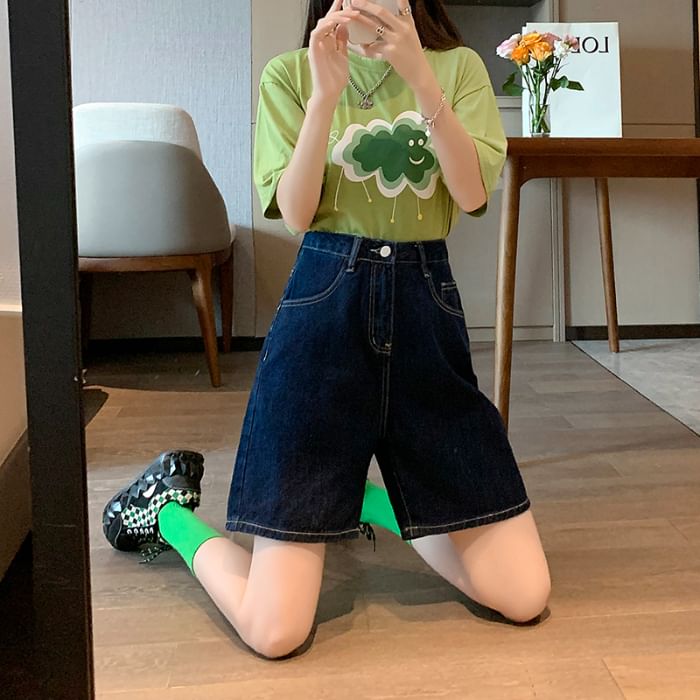 Plain Waist High Shorts Denim