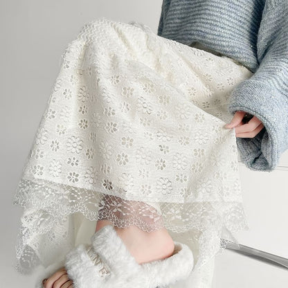 Midi Lace Waist Skirt Panel A-Line High Plain