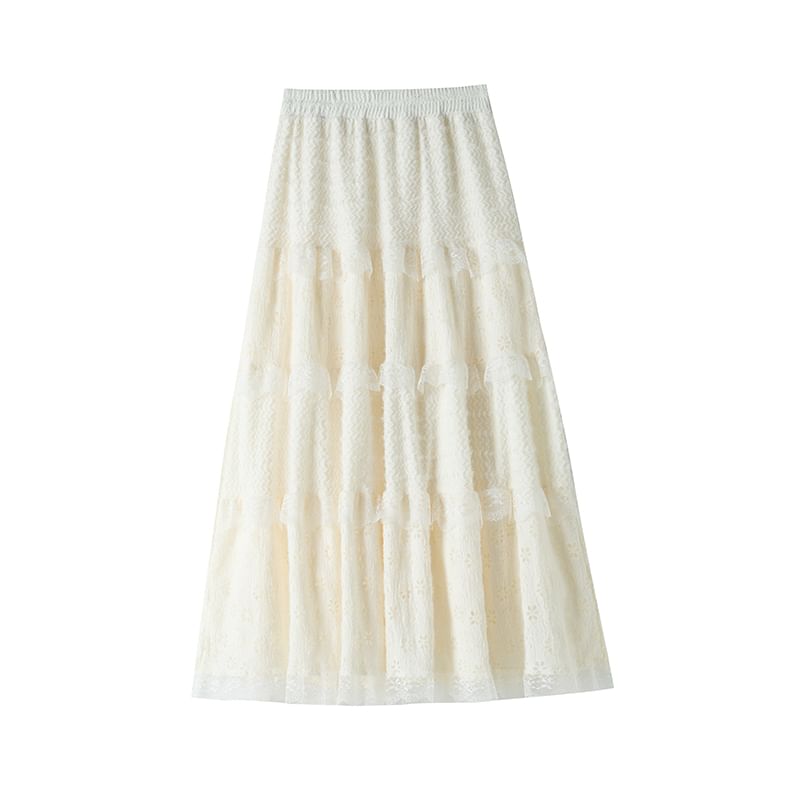 Midi Lace Waist Skirt Panel A-Line High Plain