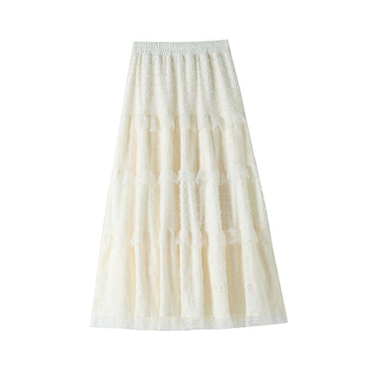 Midi Lace Waist Skirt Panel A-Line High Plain