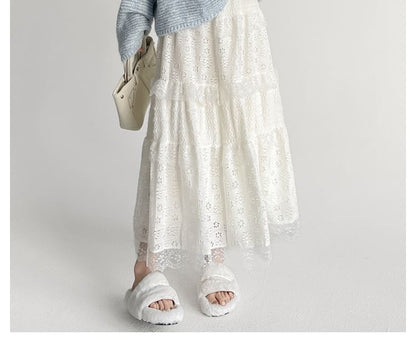 Midi Lace Waist Skirt Panel A-Line High Plain