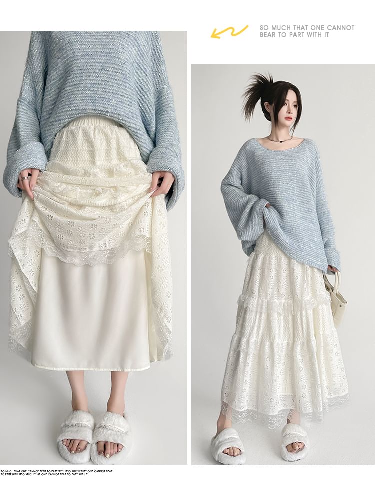 Midi Lace Waist Skirt Panel A-Line High Plain