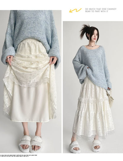 Midi Lace Waist Skirt Panel A-Line High Plain