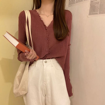 Cropped Cardigan Knit V-Neck Ribbed Plain