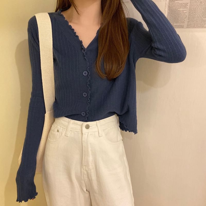 Cropped Cardigan Knit V-Neck Ribbed Plain