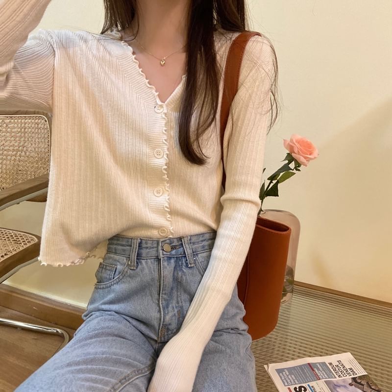 Cropped Cardigan Knit V-Neck Ribbed Plain