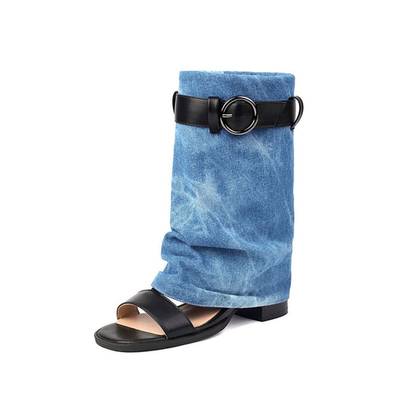 Heel Short Washed Thong Denim Boots Block