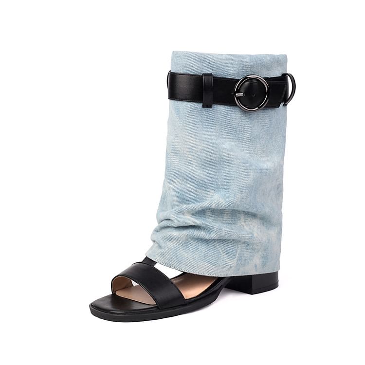 Heel Short Washed Thong Denim Boots Block