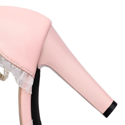 Trim High Ruffle Heel Sandals Pearl Faux