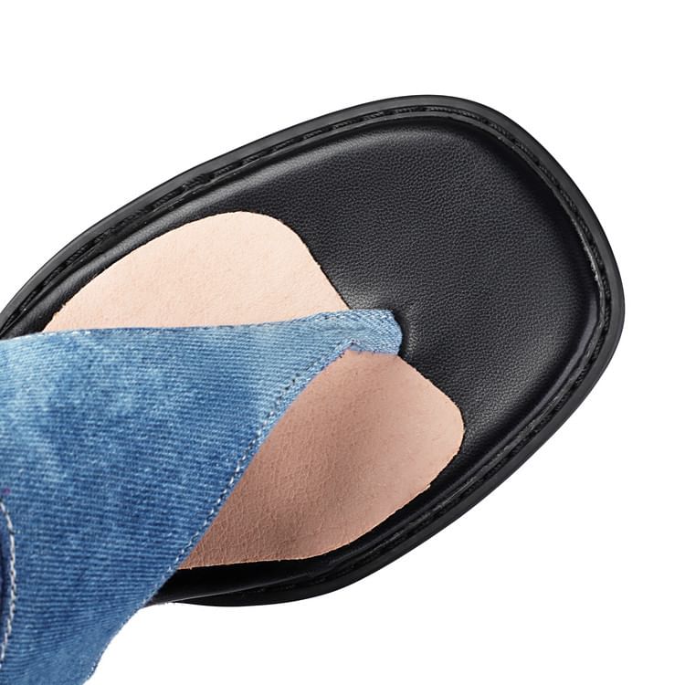 Chunky Washed Denim Boots Tall Heel Thong