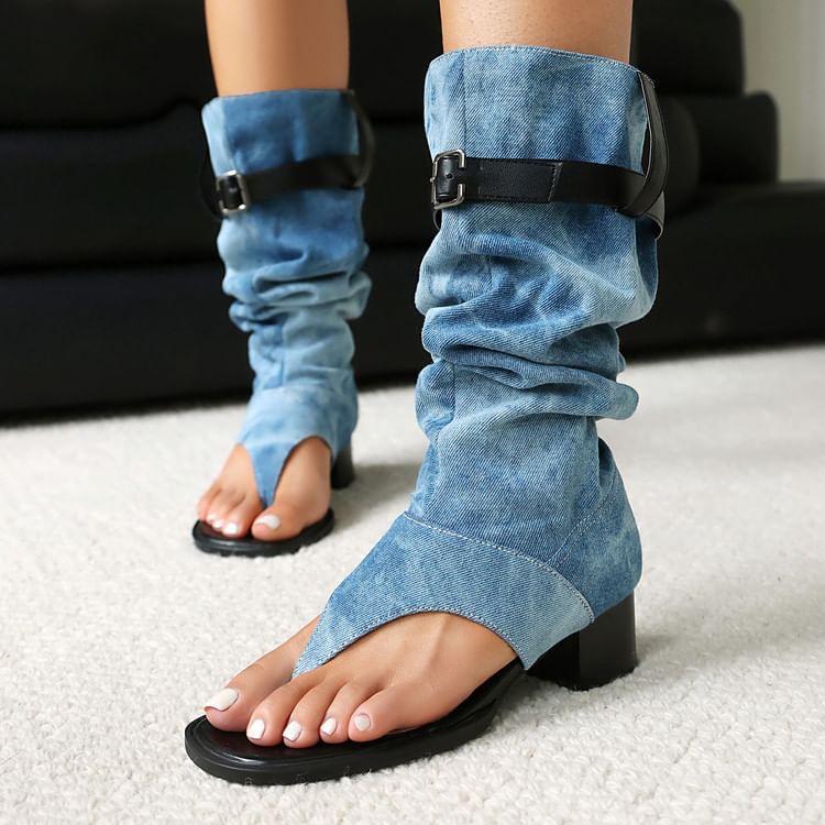 Chunky Washed Denim Boots Tall Heel Thong
