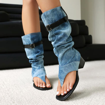 Chunky Washed Denim Boots Tall Heel Thong