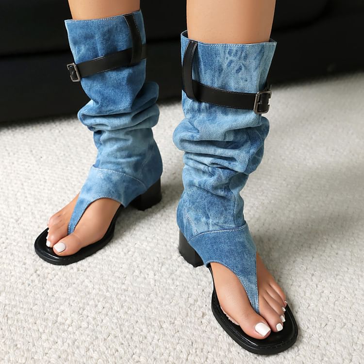 Chunky Washed Denim Boots Tall Heel Thong