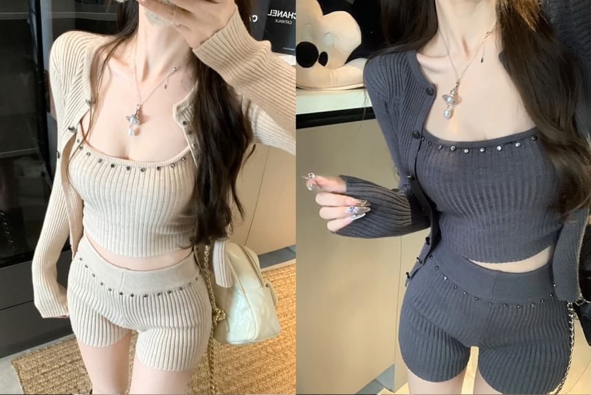 High Cardigan Top Ribbed Knit Camisole Studded + Set: Waist Crop Shorts