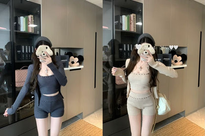High Cardigan Top Ribbed Knit Camisole Studded + Set: Waist Crop Shorts