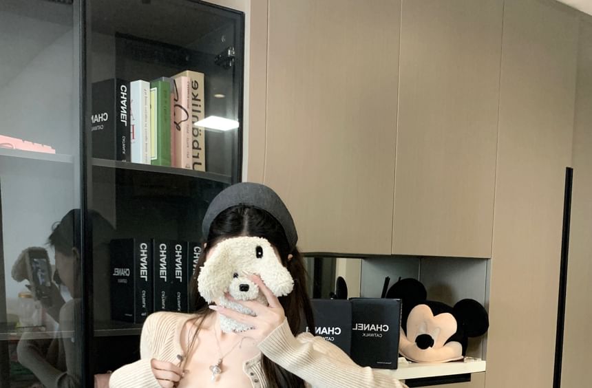 High Cardigan Top Ribbed Knit Camisole Studded + Set: Waist Crop Shorts