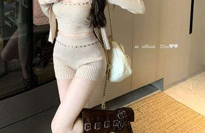 High Cardigan Top Ribbed Knit Camisole Studded + Set: Waist Crop Shorts