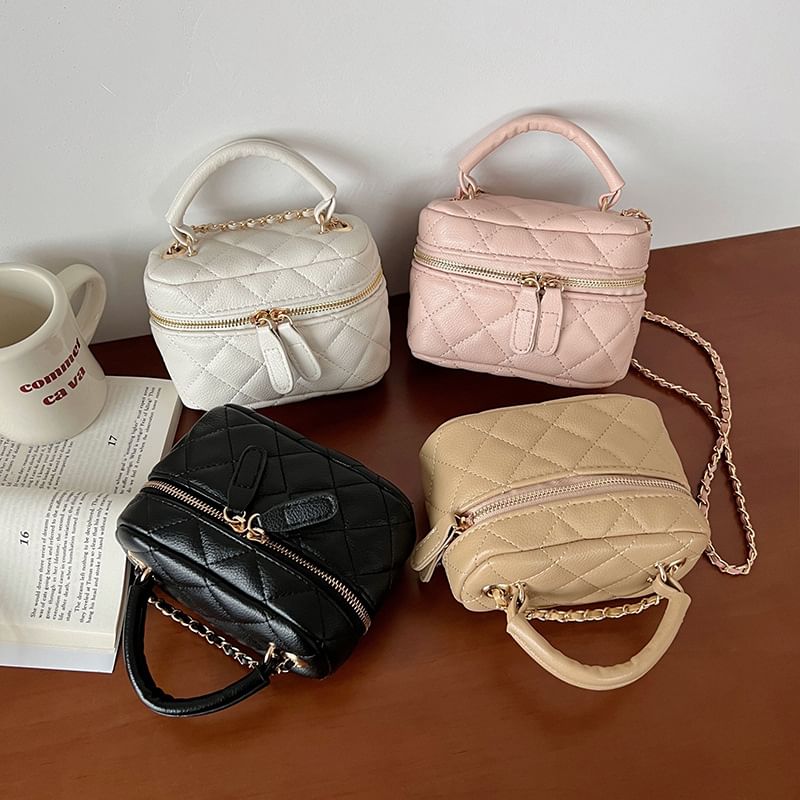 Quilted Plain Crossbody Bag Faux Zip Leather