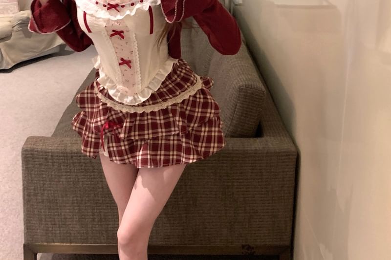 Ruffle Panel Top Floral Print High Cardigan Bow Sleeveless Striped Mini A-Line Skirt Waist Plaid /