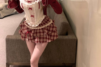 Ruffle Panel Top Floral Print High Cardigan Bow Sleeveless Striped Mini A-Line Skirt Waist Plaid /