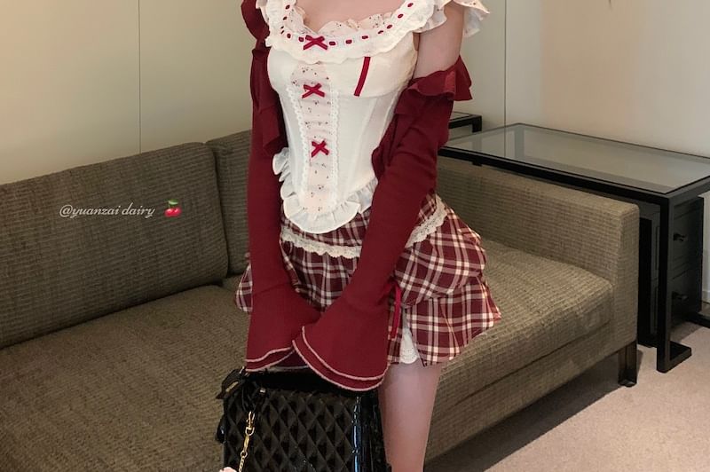 Ruffle Panel Top Floral Print High Cardigan Bow Sleeveless Striped Mini A-Line Skirt Waist Plaid /