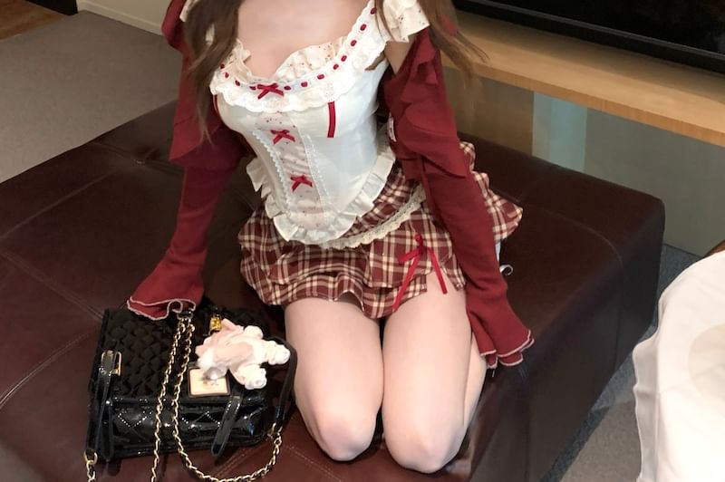 Ruffle Panel Top Floral Print High Cardigan Bow Sleeveless Striped Mini A-Line Skirt Waist Plaid /