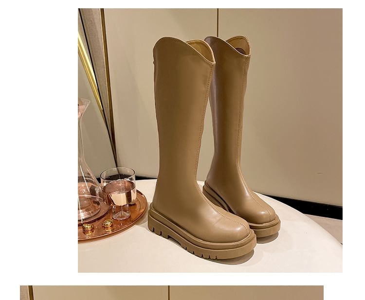 Platform Plain Zip-Up Tall Leather Boots Faux