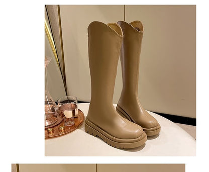 Platform Plain Zip-Up Tall Leather Boots Faux