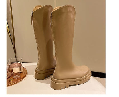 Platform Plain Zip-Up Tall Leather Boots Faux