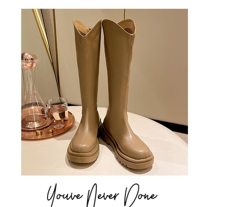 Platform Plain Zip-Up Tall Leather Boots Faux