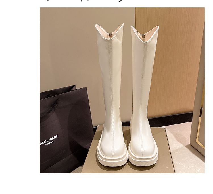 Platform Plain Zip-Up Tall Leather Boots Faux