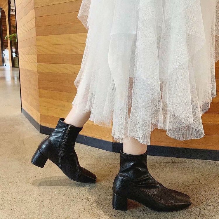 Plain Toe Heel Boots Chunky Zip-Up Square Short