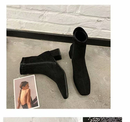 Plain Toe Heel Boots Chunky Zip-Up Square Short