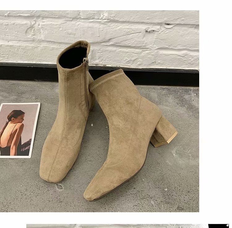 Plain Toe Heel Boots Chunky Zip-Up Square Short