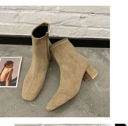 Plain Toe Heel Boots Chunky Zip-Up Square Short
