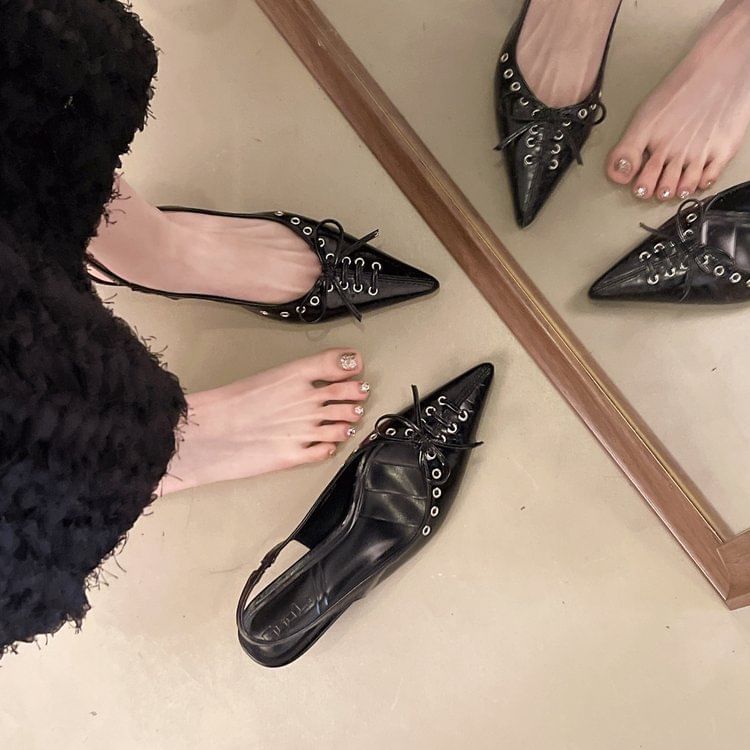 Slingback Sandals Heel Toe Pointed Kitten Leather Faux