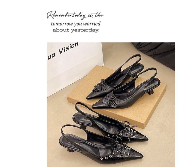 Slingback Sandals Heel Toe Pointed Kitten Leather Faux