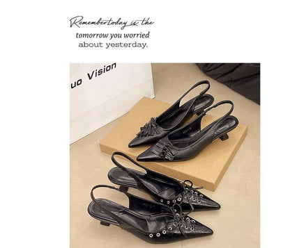 Slingback Sandals Heel Toe Pointed Kitten Leather Faux